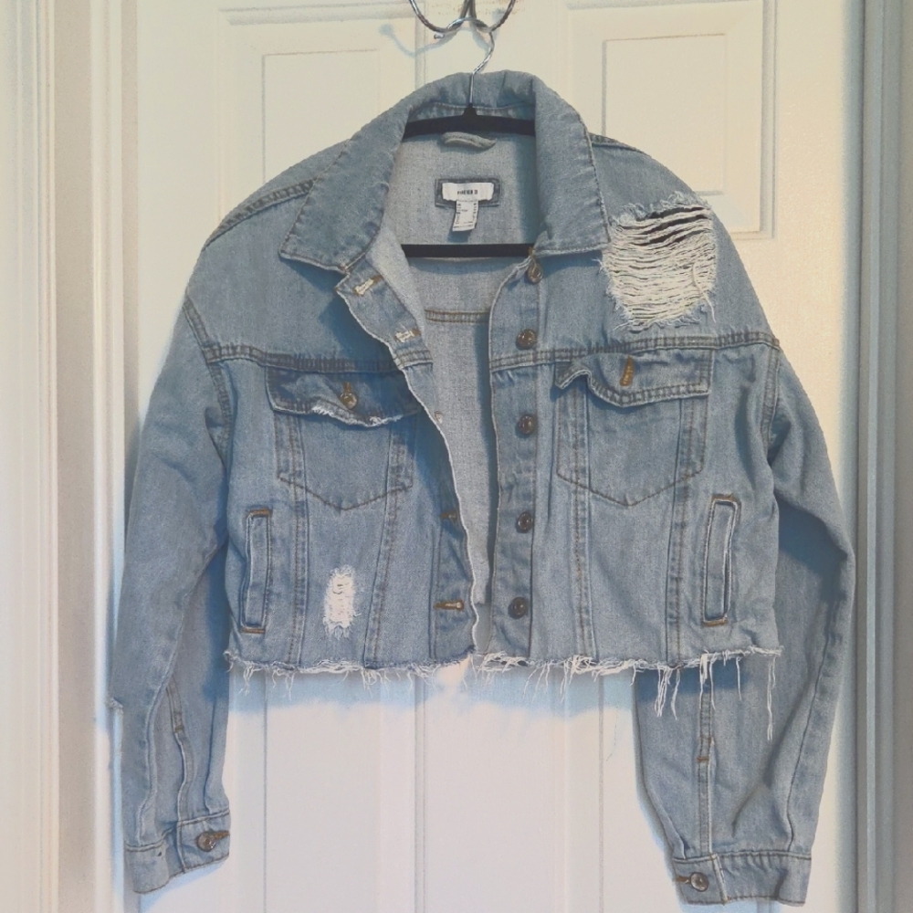 Forever 21 Cropped Distressed Blue Denim Jacket